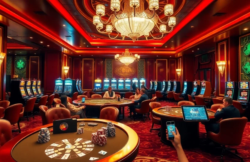Engaging players enjoying games at https://f8bet.dental/ casino, featuring poker chips and elegant tables.