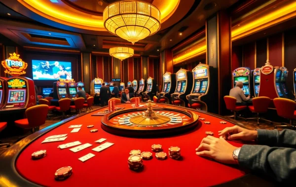 Experience high-stakes excitement with TR88 at a luxurious casino table filled with chips and betting slips.