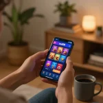 Engaging with the vu88 com casino app on smartphone, showcasing online gaming ambiance at home.