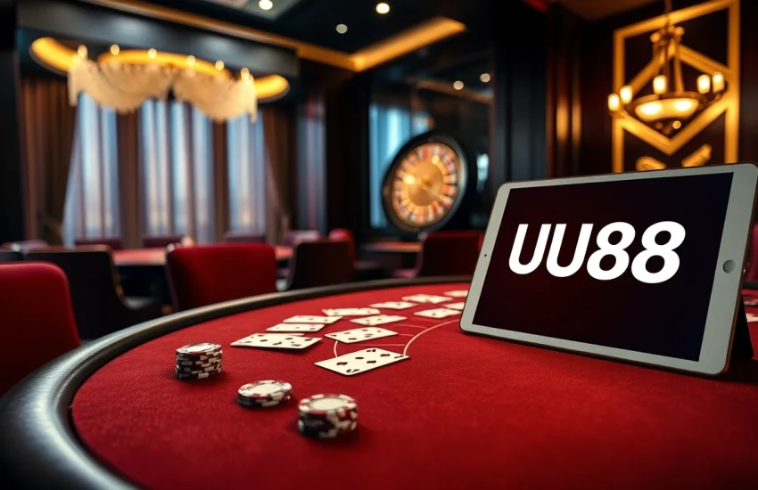 Experience the thrill of UU88 online gambling with luxury casino visuals including poker chips and elegant tables.