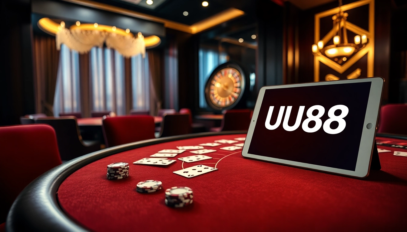 Experience the thrill of UU88 online gambling with luxury casino visuals including poker chips and elegant tables.