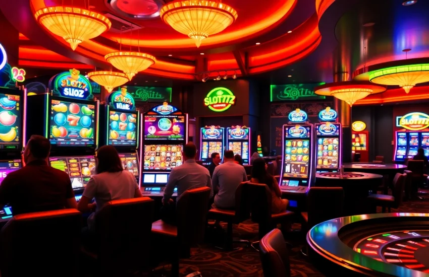 Engaging players enjoying the vibrant Slot777 slot machines in a luxurious casino setting.