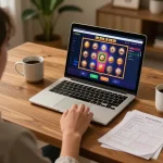 Experience online gaming at https://f8bet.dental/ with engaging slot games on laptop, strategic notes present.