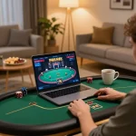 Player enjoying online gaming experience on dw8 platform, showcasing cozy home setup with laptop and snacks.