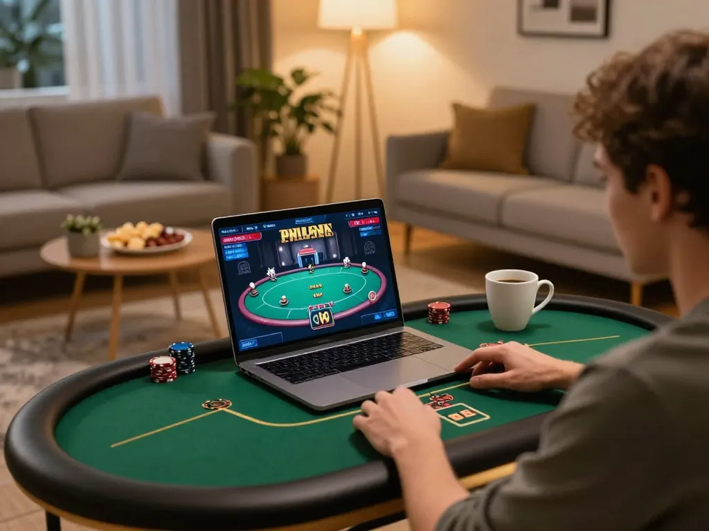 Player enjoying online gaming experience on dw8 platform, showcasing cozy home setup with laptop and snacks.
