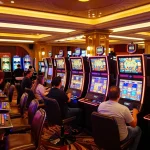 Engaging players at the vibrant 92slot casino, surrounded by colorful slot machines lighting up the room.