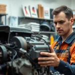 Motorschaden Ankauf: Mechanic thoroughly assessing a damaged engine at a repair shop.