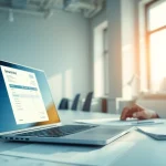 Rechnung an einen kleinunternehmer erstellen mit professionellem Geschäftsmann am Laptop.