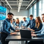 Engaged team at IT System House okm Magdeburg collaborating in a modern office setting.
