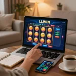 Engaging in LLWIN online casino gameplay from home, featuring vibrant slot game display and strategy notes.