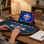 Engaging gameplay of game 33win on tablet, showcasing strategic poker decisions and cozy home atmosphere