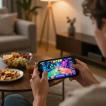 Play engaging SC88 game on mobile phone in a cozy home setup with snacks and stylish decor