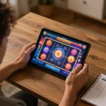 Engaged player enjoying slot deposit 10000 gameplay on tablet in cozy home office environment.