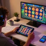Person enjoying F168 online slots on tablet in cozy home setting with betting strategy notes
