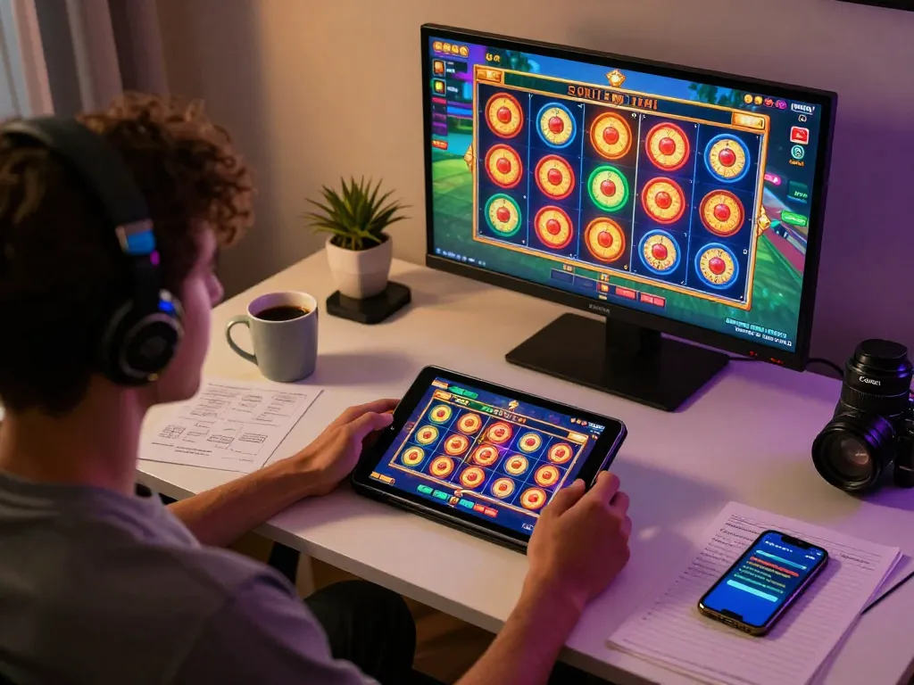 Person enjoying F168 online slots on tablet in cozy home setting with betting strategy notes