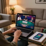 Player enjoying live dealer blackjack at home on dh88 platform, showcasing engaging gaming interface.