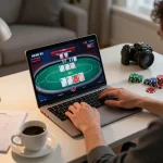 Engage in strategic online poker gameplay at 78winvina from a cozy home office setup.