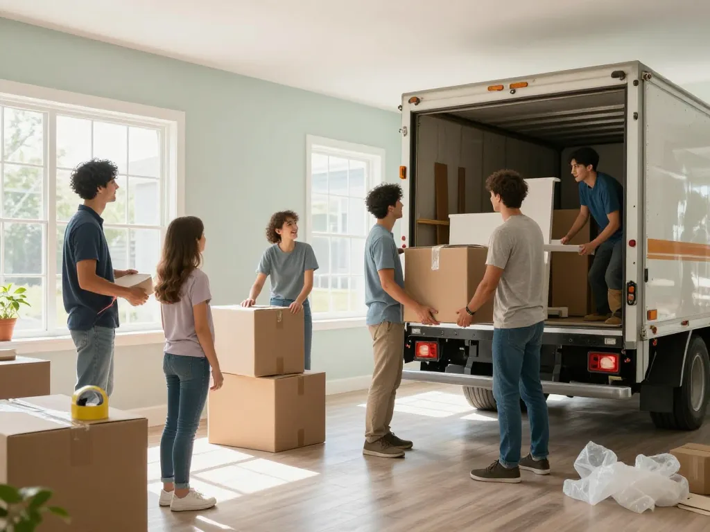 Stressfreies Umzugsunternehmen Hannover-Team packt effizient die Habseligkeiten einer Familie für einen Umzug.