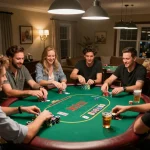 Engaged players enjoying a poker game on Trang Chủ 88GO in a lively home environment with festive lighting.