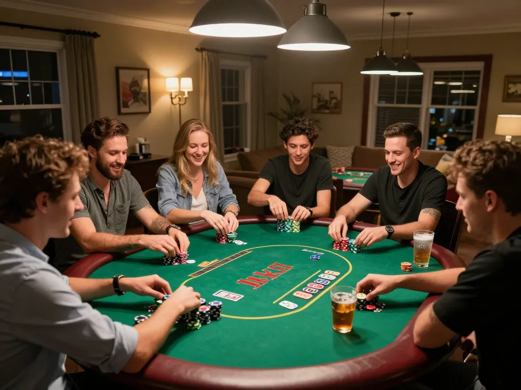 Engaged players enjoying a poker game on Trang Chủ 88GO in a lively home environment with festive lighting.