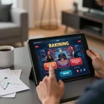 Person using the app on Trang Chủ O8 for online casino gaming with strategy notes nearby.