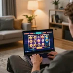 Experience the excitement of online gambling at go8 com with a player enjoying slots from home.
