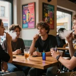 Junger Erwachsener genießt Al Fakher 30K Vape in lebhaftem Café-Setting mit Freunden.