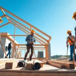 Haus bauen mit handwerklichen Arbeiten auf einer Baustelle von Fachleuten.