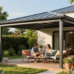 Stilvolle Terrassenüberdachung auf einer sonnigen Terrasse, Paar genießt Erfrischungen.