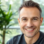 Erfolg der Haartransplantation Türkei – Zufriedener Patient lächelt in moderner Klinik.