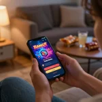 Manga Casino Login in der mobilen App, Benutzer interagiert mit dem Anmeldebildschirm in einer gemütlichen Heimumgebung, strategisches Online-Gaming.