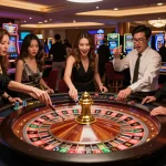 Players engaging in an exciting roulette game at lc88pro's luxurious casino venue, showcasing vibrant atmosphere and eager bets.