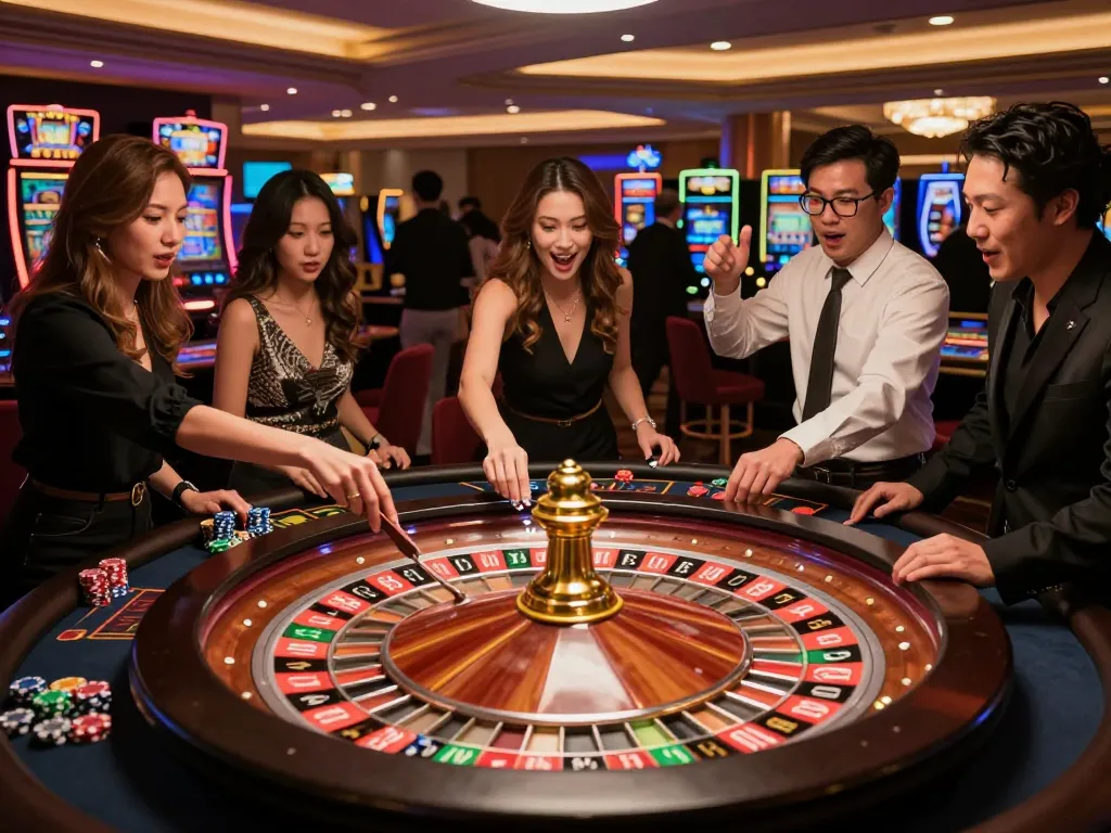 Players engaging in an exciting roulette game at lc88pro's luxurious casino venue, showcasing vibrant atmosphere and eager bets.
