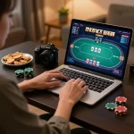 Engaged player at Trang Chủ O8 using laptop for online poker game, showcasing strategic gameplay.
