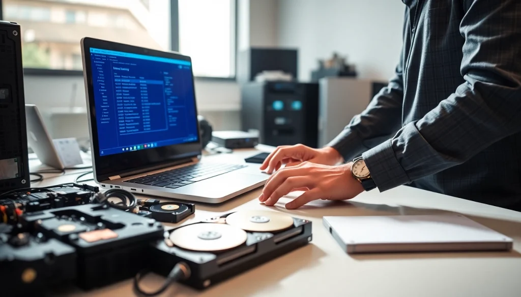 Datenrettung Wien: Techniker zeigt Speicherwiederherstellung an Computerarbeitsplatz.