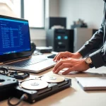Datenrettung Wien: Techniker zeigt Speicherwiederherstellung an Computerarbeitsplatz.
