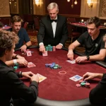 Players engaged in an intense poker game at 888new casino table, showcasing strategic bets and luxurious setting.