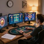 Player enjoying GO8 online gaming experience with multiple casino games displayed on screens