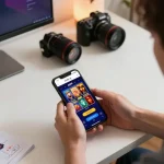 Player enjoying mobile gaming on QQ88 AE app, showcasing interactive casino experiences in a modern home setup.