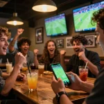 Engaged gambler using smartphone for best soccer betting over live match predictions in dynamic sports bar.