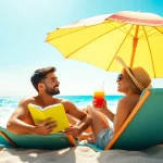 Urlaub Tipps für entspannte Strandferien mit Paar unter einem bunten Schirm.