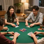 Friends enjoy a competitive poker night at home, showcasing sc88 gaming atmosphere.