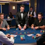 Players strategizing their bets at the TR88 blackjack table, vibrant chips and dealer action in the upscale casino.