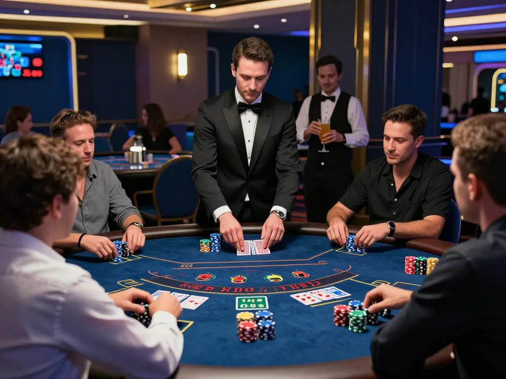 Players strategizing their bets at the TR88 blackjack table, vibrant chips and dealer action in the upscale casino.