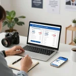 Verbraucher vergleicht Kreditvergleich-Optionen an einem modernen Schreibtisch mit Finanztools.