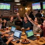 Group of friends enjoying debet sports betting experience in a lively bar