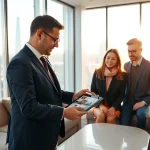 Immobilienmakler Frankfurt Dornbusch berät engagiert ein junges Paar in einem modernen Büro.