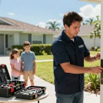 Local locksmith Vero Beach technician working on door lock with family nearby, showcasing expert service.