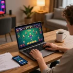 13WIN online casino gaming scene with player engaged on laptop and smartphone, responsible gambling atmosphere.