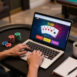 Player enjoying fc88 online casino on laptop, showcasing poker interface with engaging gameplay